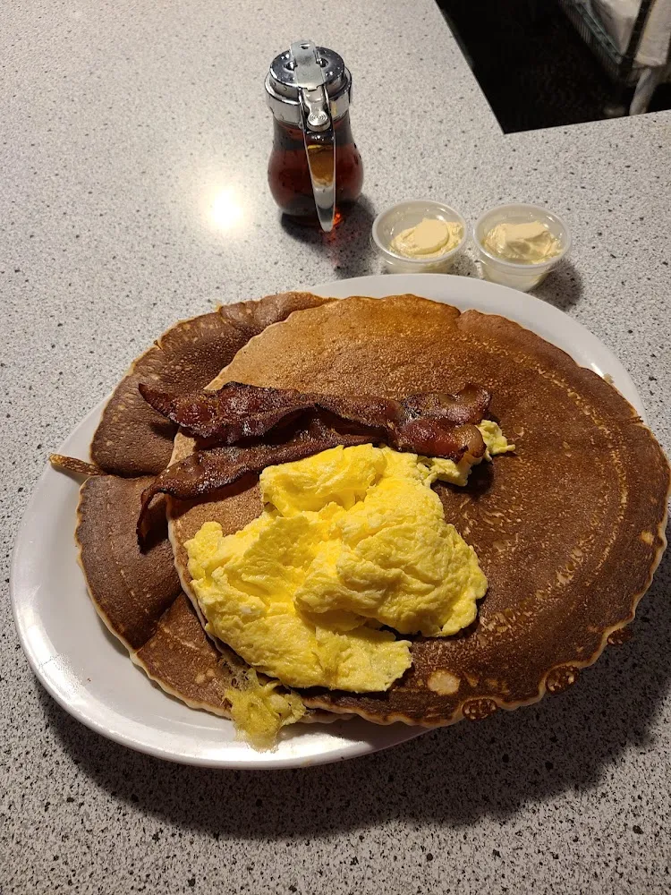 Pancake and Scrambled Eggs with Bacon